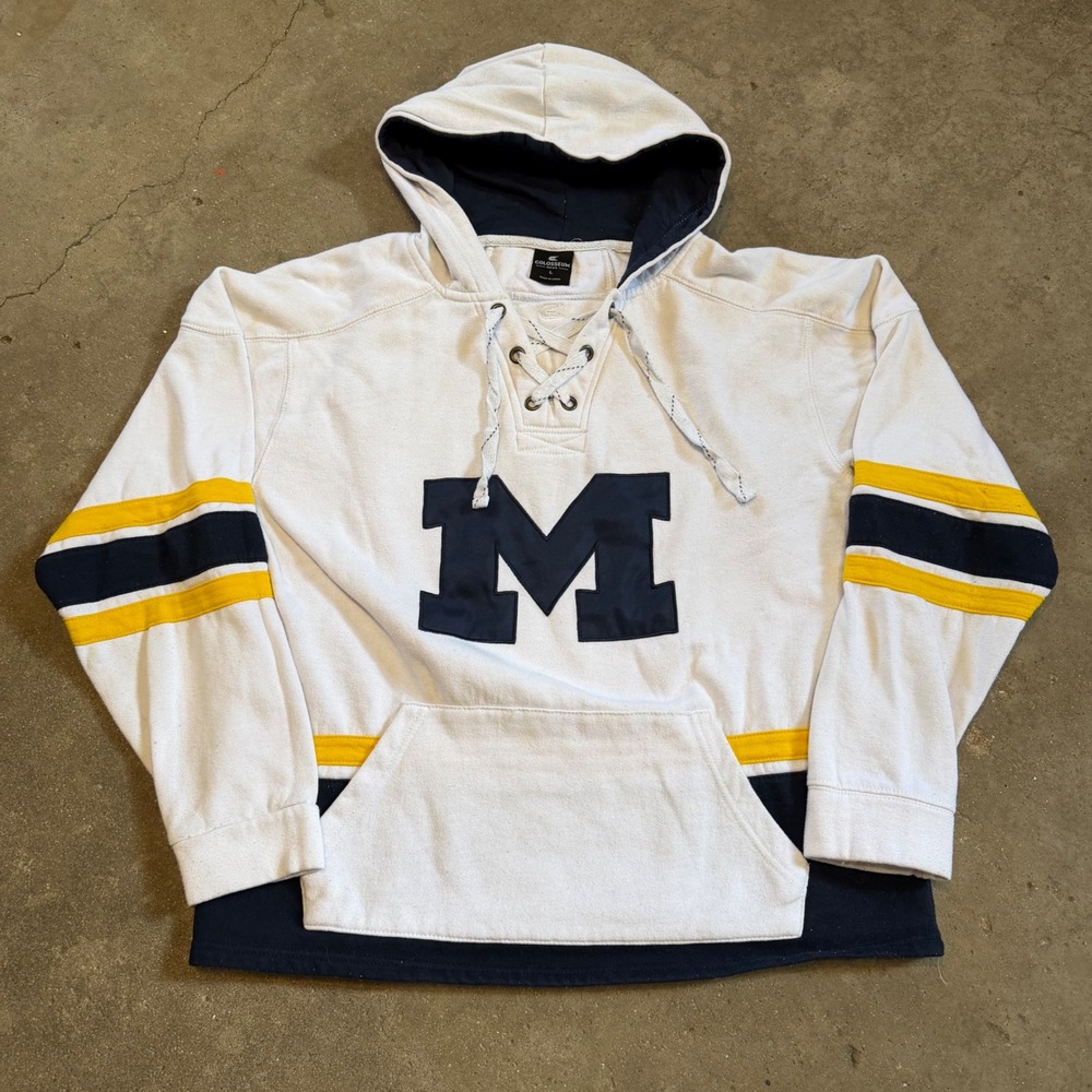 Colosseum Michigan Hoodie Mens L White Navy Blue Lace Up Hockey Style Sweatshirt
